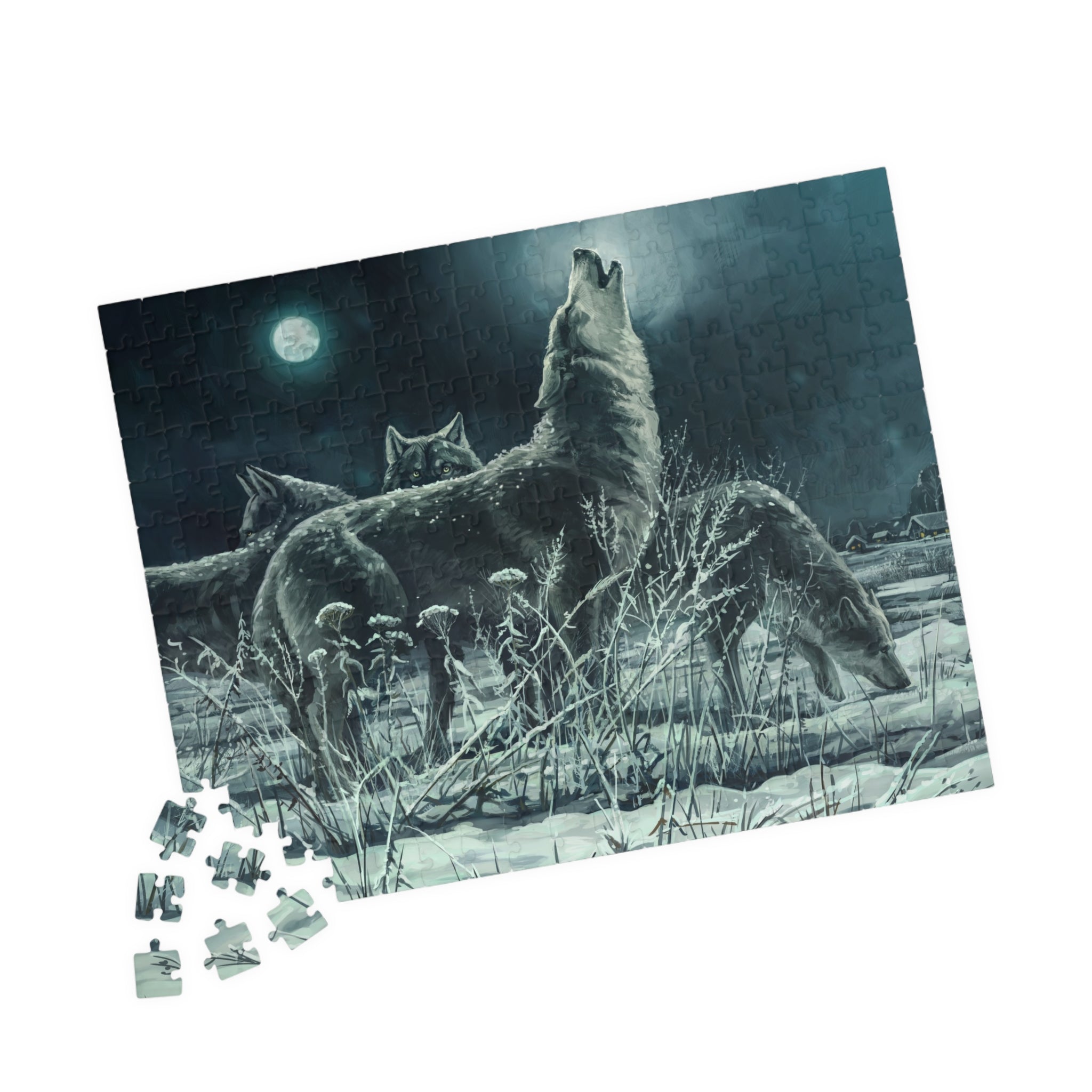Howling Wolves in Moonlight Puzzle | Wildlife Winter Scene jigsaw