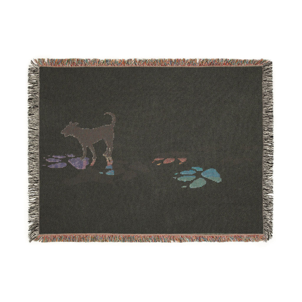 Dog Silhouette Woven Blanket | Coastal Pebble Pattern, Fringed Throw
