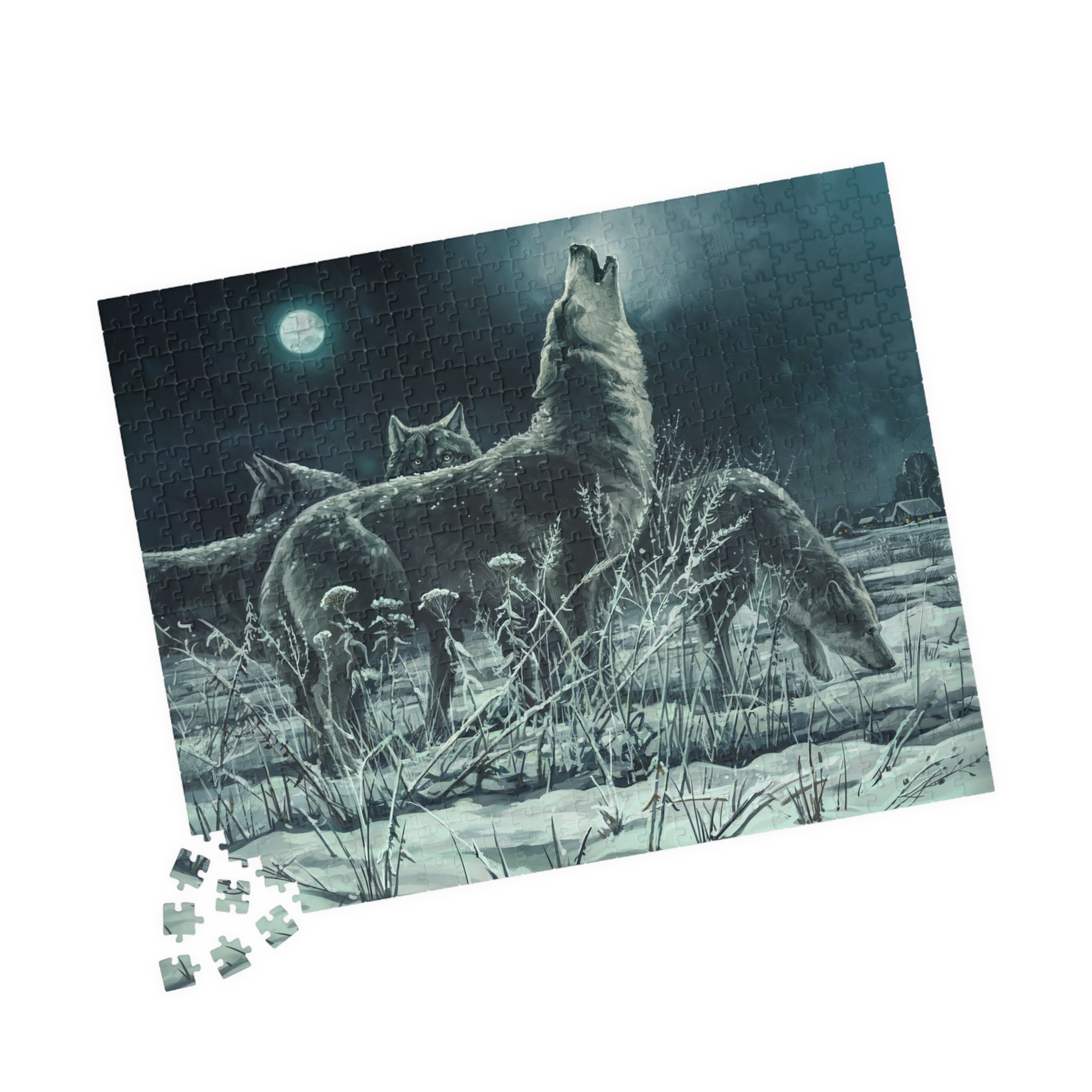 Howling Wolves in Moonlight Puzzle | Wildlife Winter Scene jigsaw