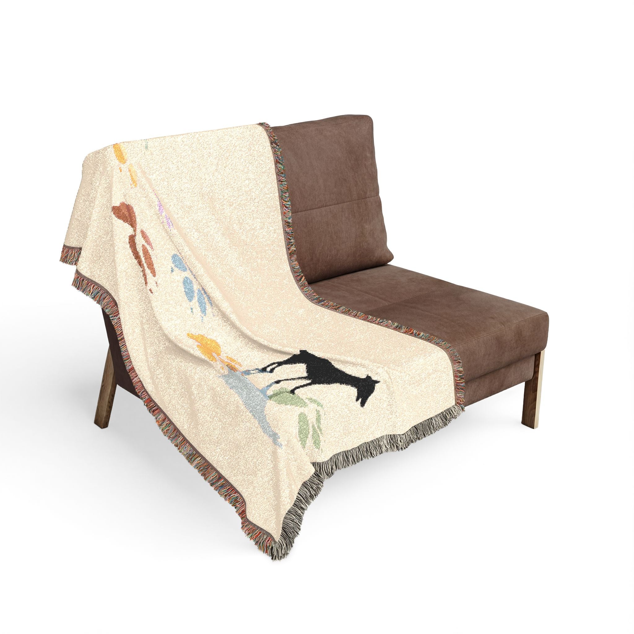 Dog Silhouette Woven Blanket | Coastal Pebble Pattern, Fringed Throw