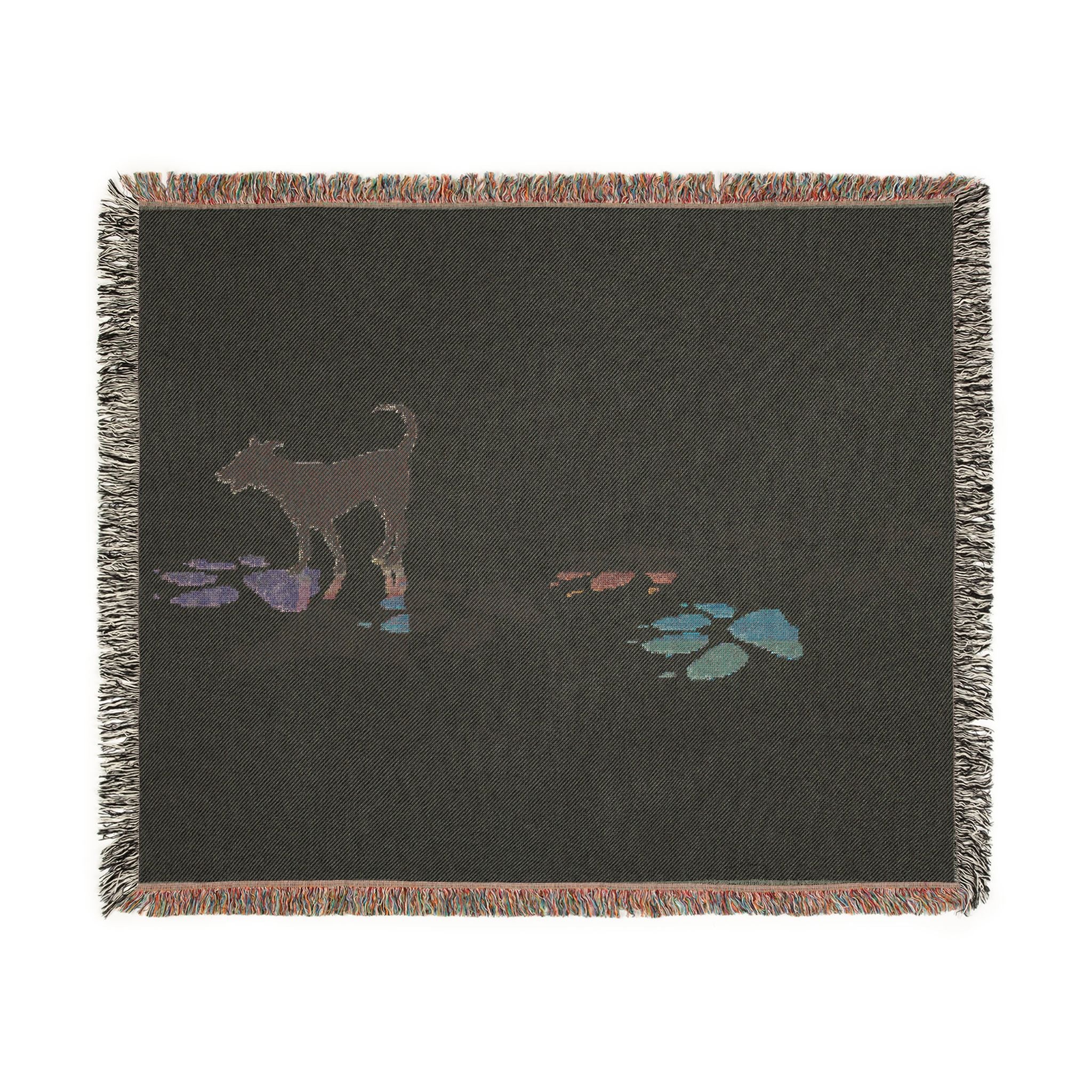 Dog Silhouette Woven Blanket | Coastal Pebble Pattern, Fringed Throw