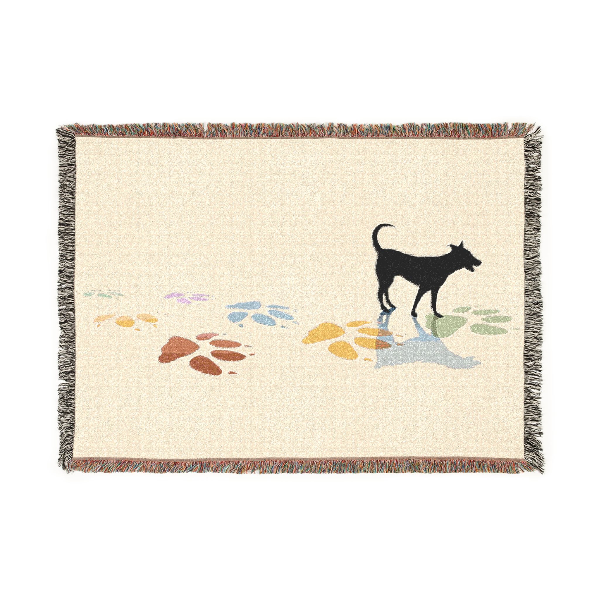 Dog Silhouette Woven Blanket | Coastal Pebble Pattern, Fringed Throw