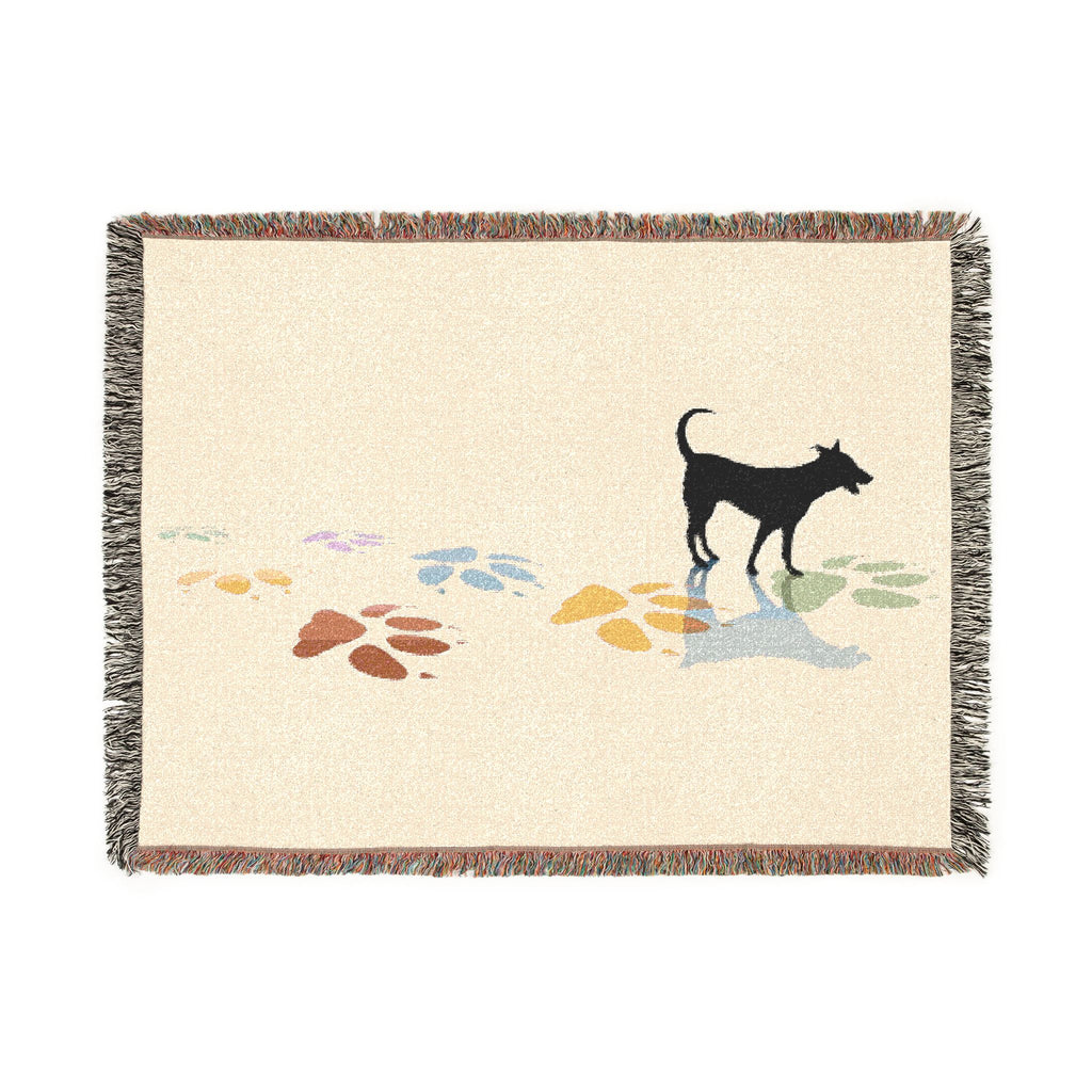 Dog Silhouette Woven Blanket | Coastal Pebble Pattern, Fringed Throw