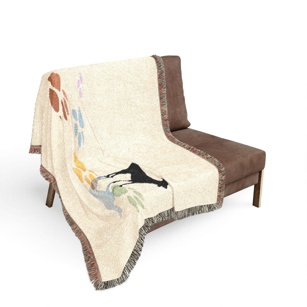 Dog Silhouette Woven Blanket | Coastal Pebble Pattern, Fringed Throw
