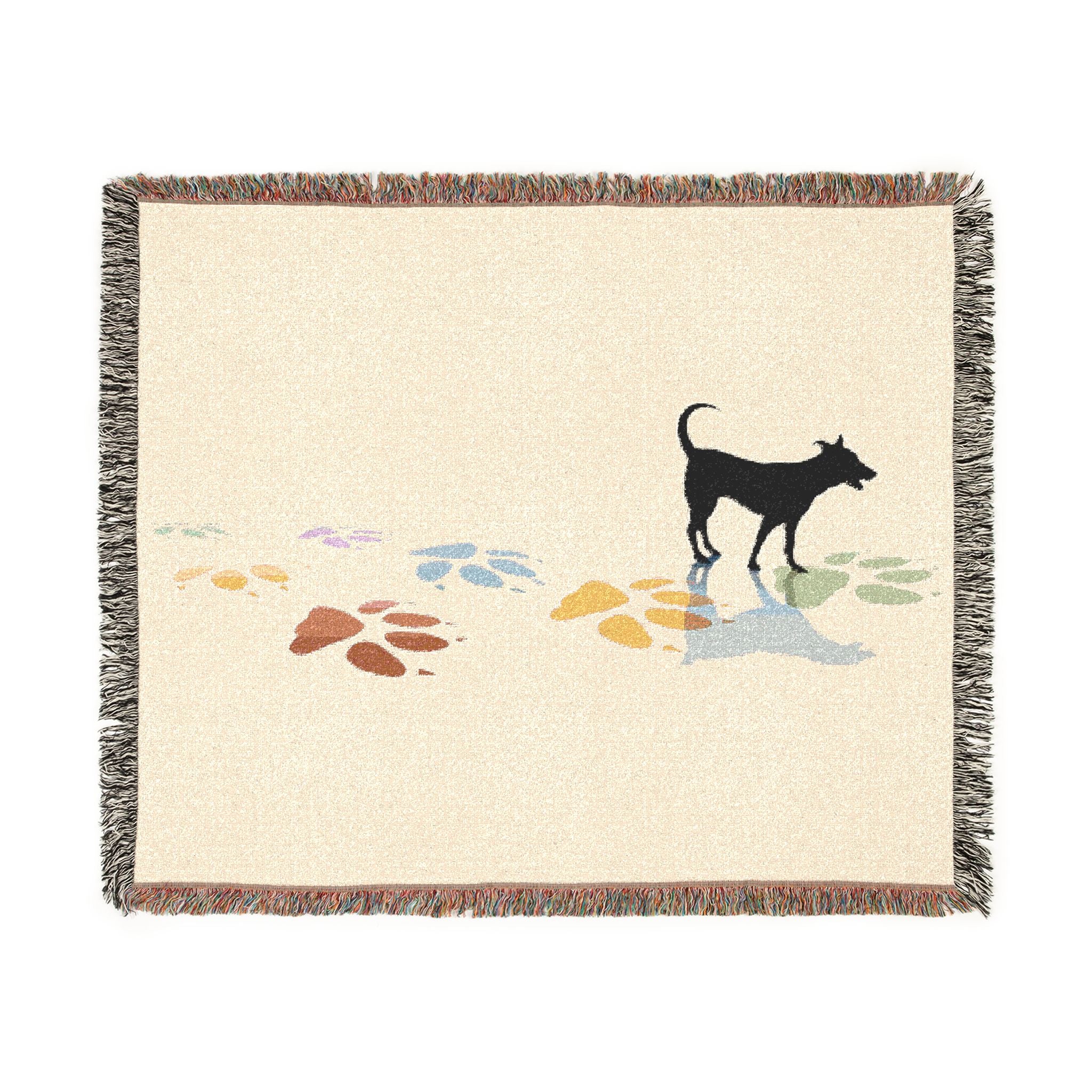 Dog Silhouette Woven Blanket | Coastal Pebble Pattern, Fringed Throw