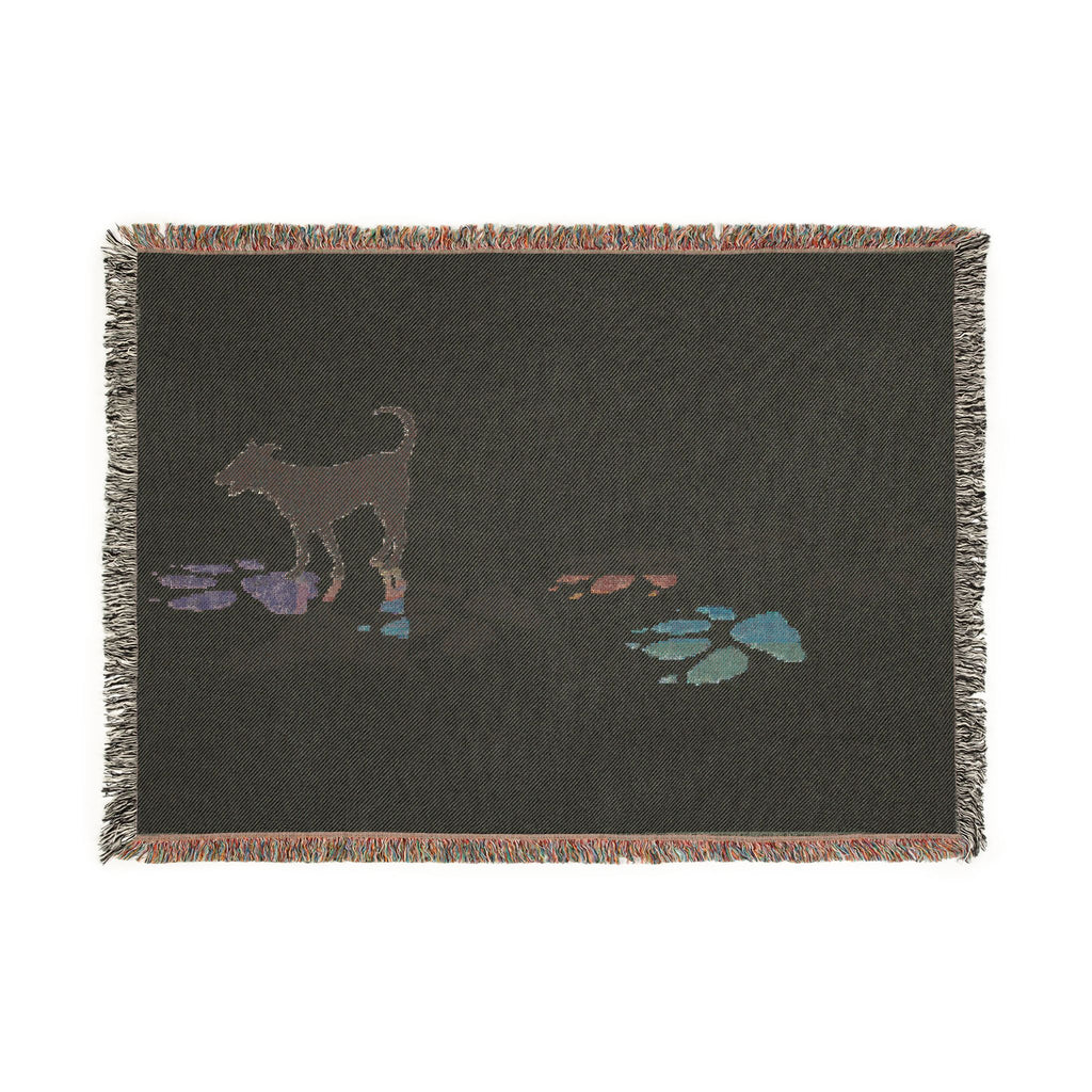 Dog Silhouette Woven Blanket | Coastal Pebble Pattern, Fringed Throw