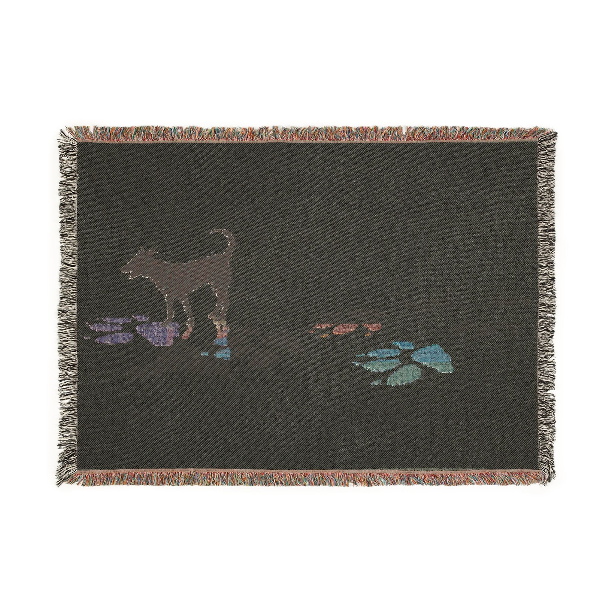 Dog Silhouette Woven Blanket | Coastal Pebble Pattern, Fringed Throw