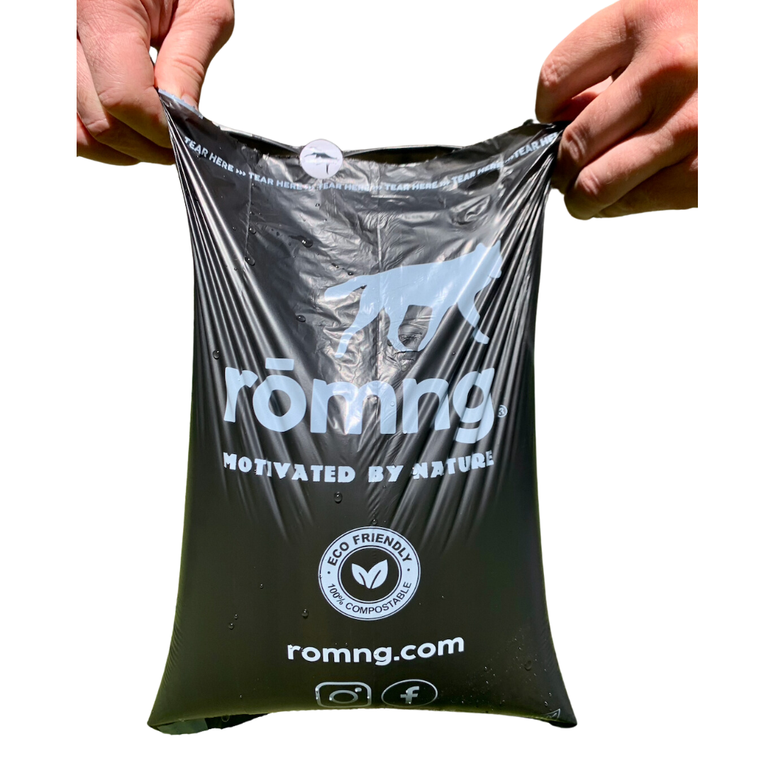 compostable plant-based dog poop bags + bamboo dispenser