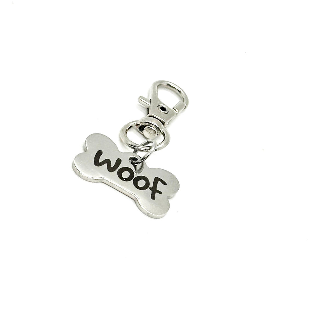 Woof Dog Bone Clip On Charm Stainless Steel Engraved Pet Accessory Backpack Zipper Charm Gift For Dog Lovers