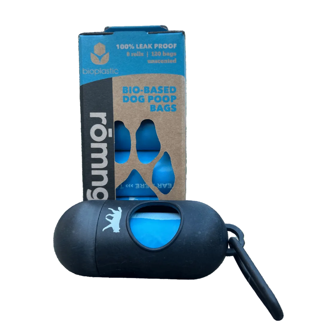 bio-based dog poop bags + bamboo dispenser