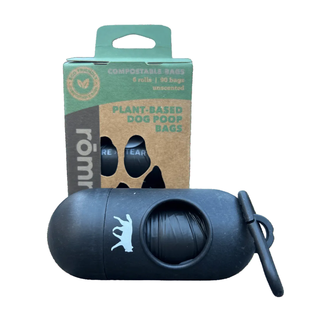 compostable plant-based dog poop bags + bamboo dispenser