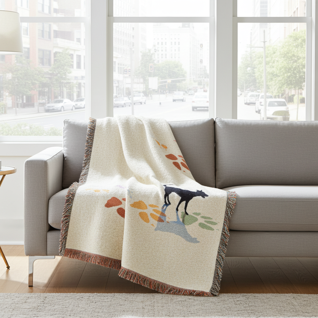 Dog Silhouette Woven Blanket | Coastal Pebble Pattern, Fringed Throw