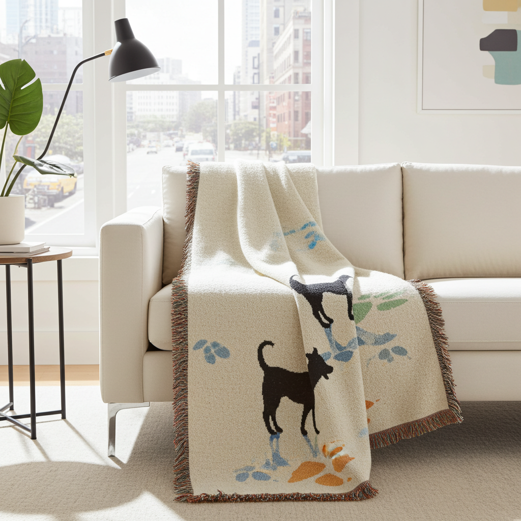 Dog Silhouette Woven Blanket | Coastal Pebble Pattern, Fringed Throw